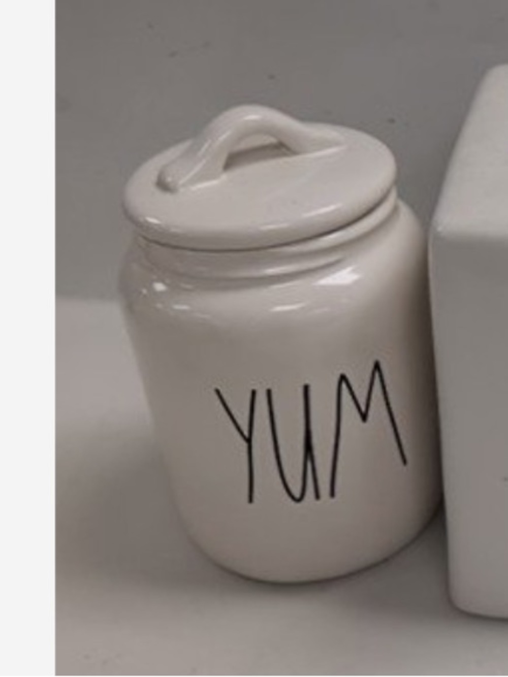 Rae Dunn small size white ceramic canister cookie jar ‘YUM’